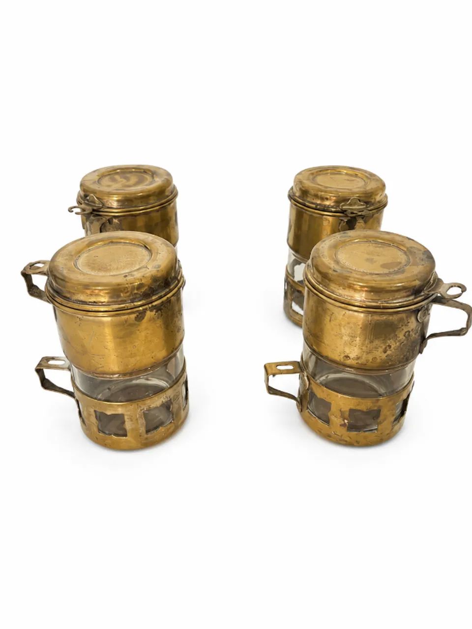 Conjunto de 4 Rechauds Antigos em Metal com Base de Vidro