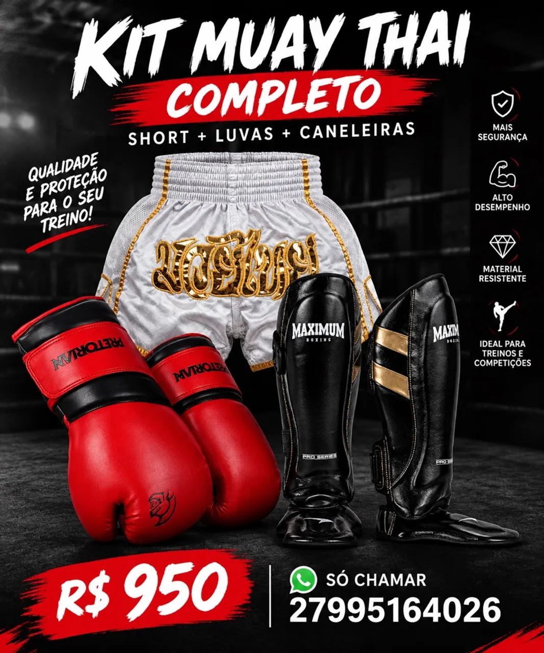 Kit de Muay Thai , luva caneleira e short 