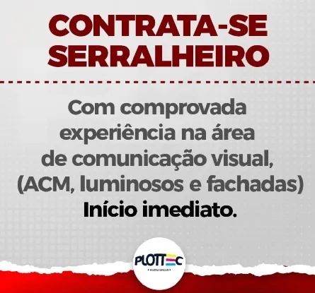Vaga emprego Serralheiro e Plaqueiro