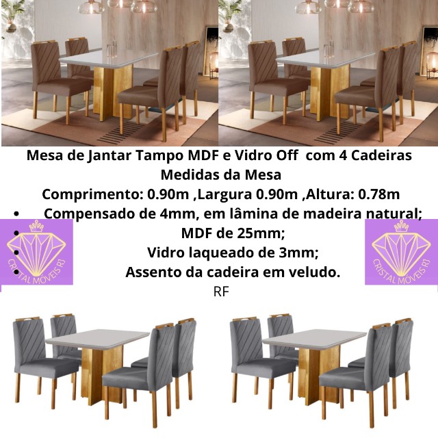 Mesa de Jantar Tampo MDF e Vidro Off 90×90 com 4 Cadeiras