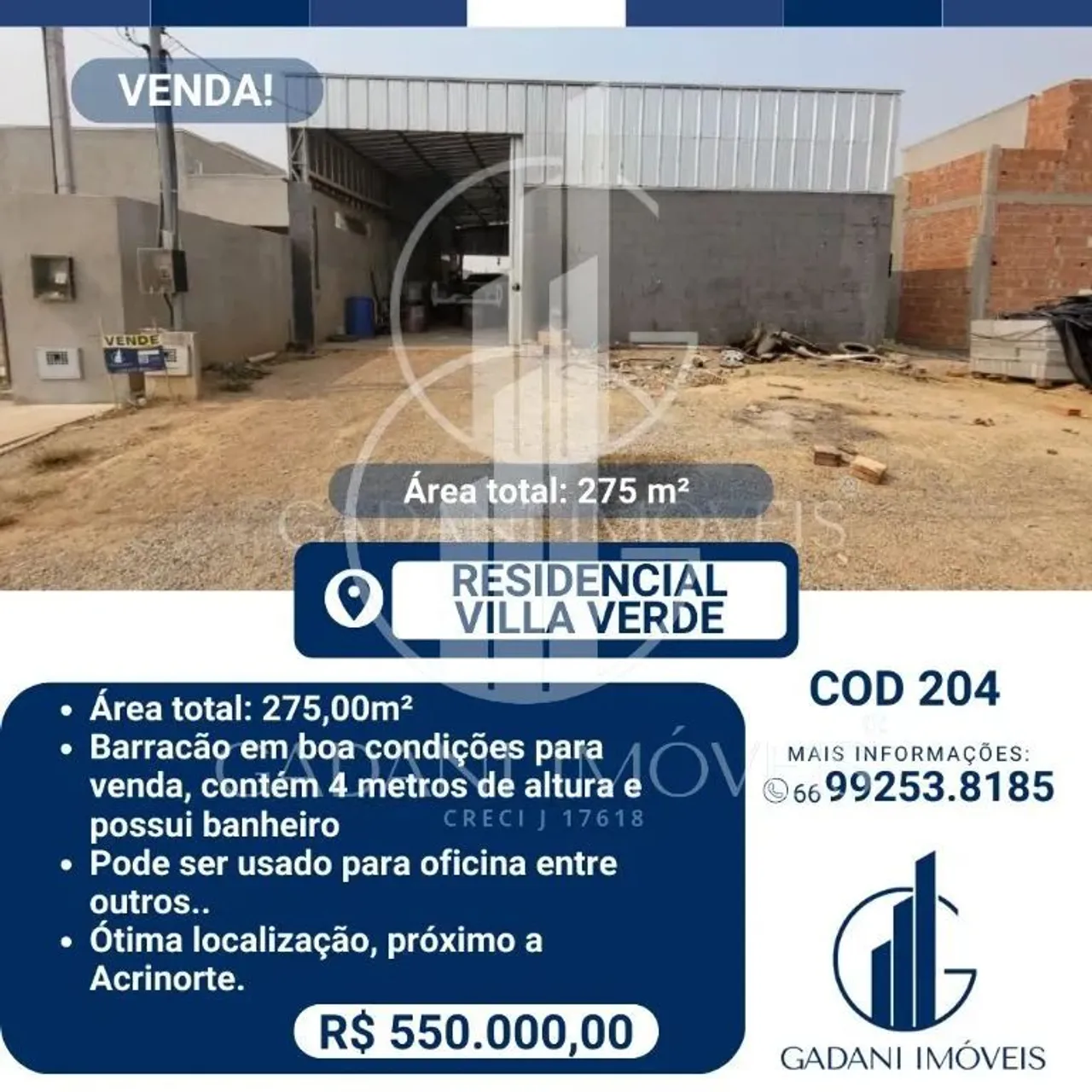BARRACÃO COMERCIAL Á VENDA NO RESIDENCIAL VILLA VERDE EM SINOP