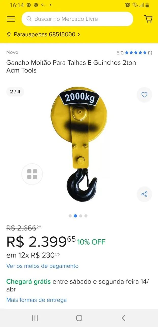 Gancho Moitão 4 Ton Para Talhas e Guinchos - Novo