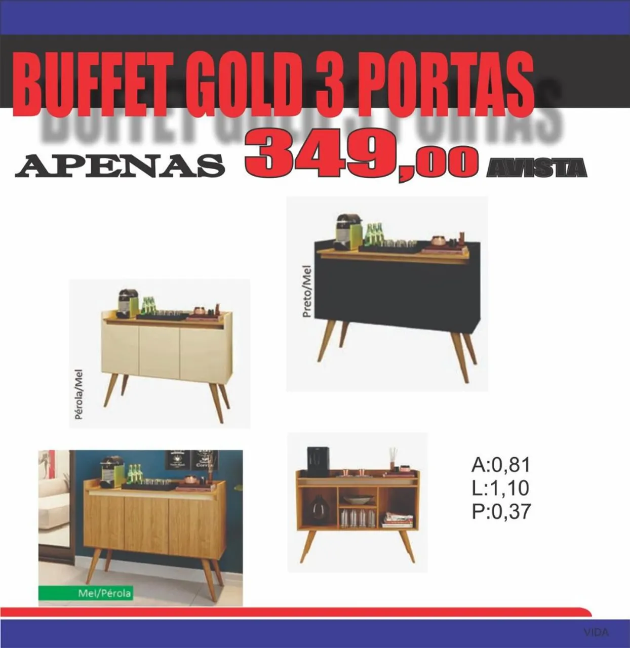 Buffet Gold 3 Portas - Diversas Cores