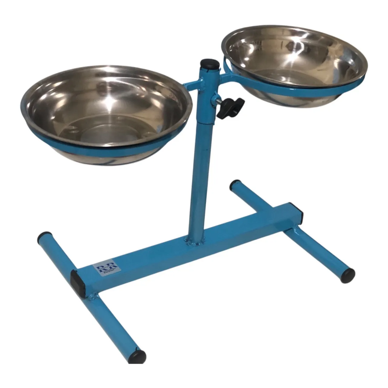 Comedouro duplo com regulagem de altura. Tigelas inox
