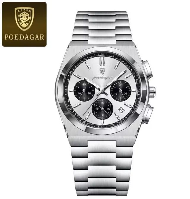 Relógio de pulso Poedagar 970 Silver White Black com pulseira em aço