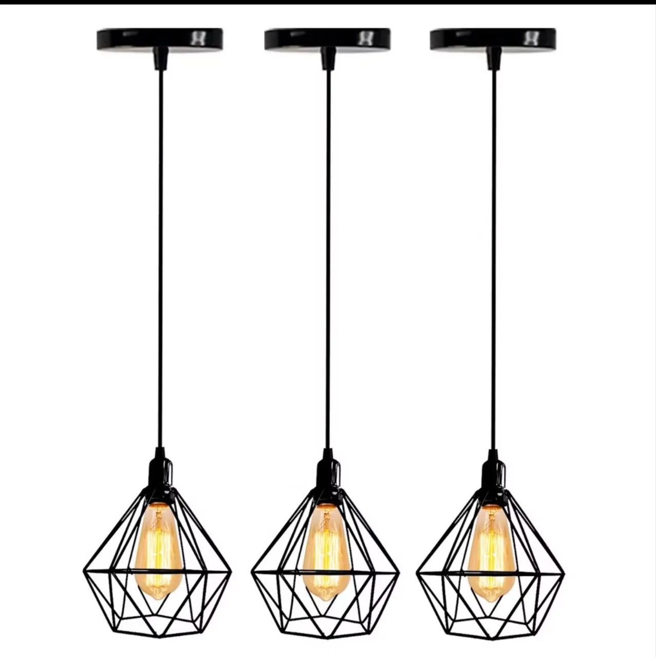Kit C/3 Lustre Luminária Pendente Aramado Diamante - Cabo 1 Metro + Lâmpada 