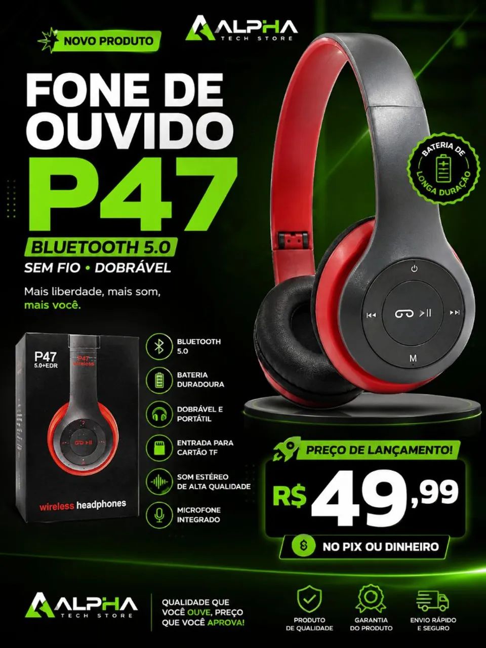 Fone de Ouvido Bluetooth P47