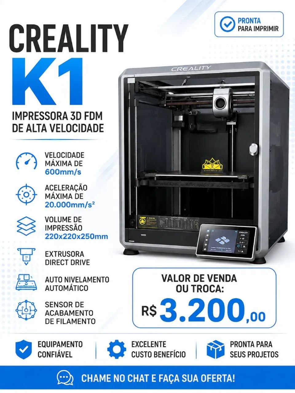 Creality K1 Impressora 3D Alta Velocidade 600mm/s - R$ 3.200
