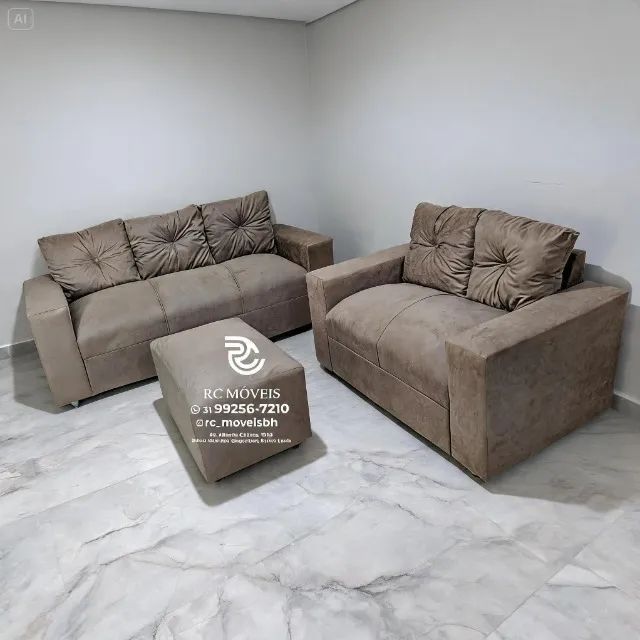 Conjunto Sofá 2 e 3 Lugares Puff Suede Caramelo D33 Durável - Foto 4