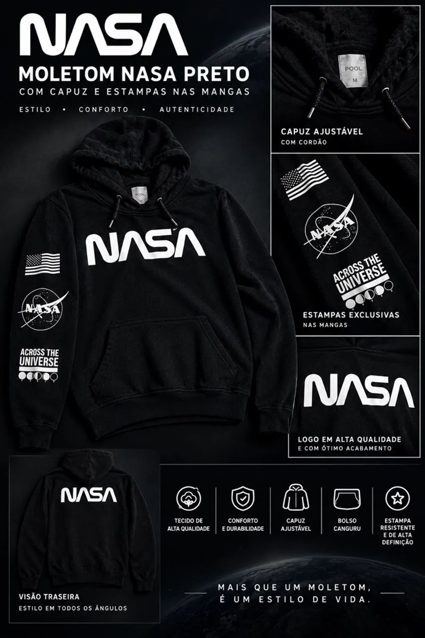 Moletom NASA Preto com Capuz e Estampas nas Mangas - Tam. M