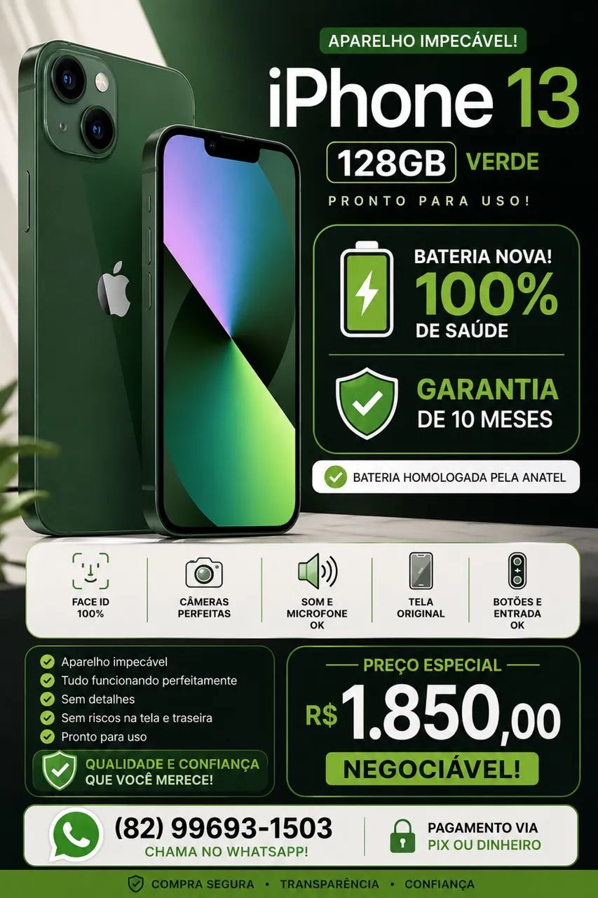 iPhone 13 128GB Verde | Bateria 100% Nova com Garantia - Celulares