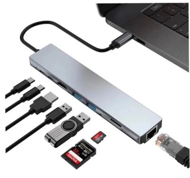Hub Adaptador USB-C 8 em 1 para MacBook e Notebooks - HDMI 4K, USB 3.0, LAN e SD - Foto 5