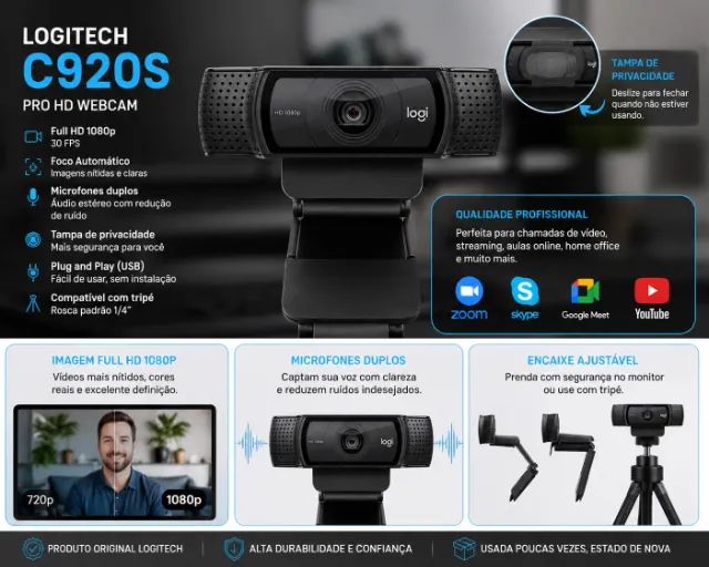 Webcam Logitech C920S Full HD 1080p | Original | Estado de Nova - Foto 2