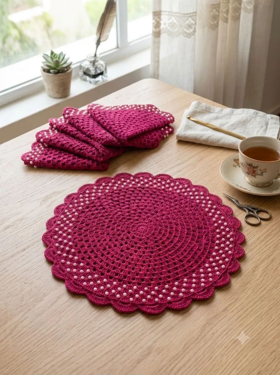 Conjunto 4 peças sousplat crochê com pérolas  - Foto 2