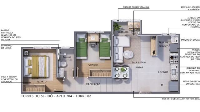 Apto 2/4 e 1 suíte de 49,99 m² no Torres do Seridó com 1 vaga por 264.999, Nova Parnamirim - Foto 4