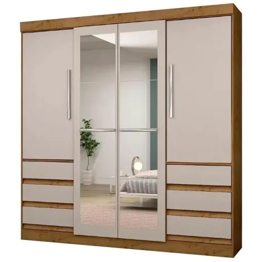 Guarda Roupa 1577 Casal 4 Portas 6 Gavetas com Espelho Araplac Freijo Baunilha