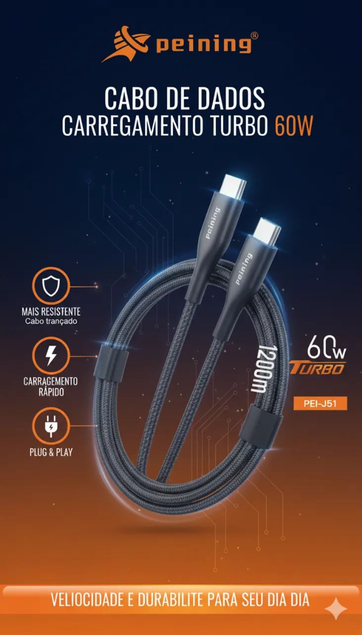 Cabo de Dados Peining PEI-J51 - Carregamento Turbo 60W | 1.2m