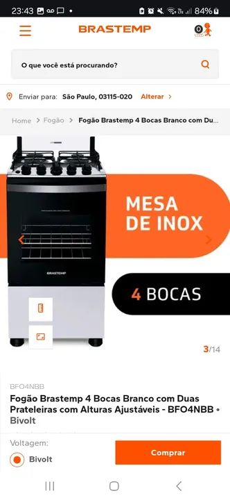 Fogão Brastemp 4 Bocas Branco com Duas Prateleiras com Alturas Ajustáveis - BFO4NBB - Foto 3