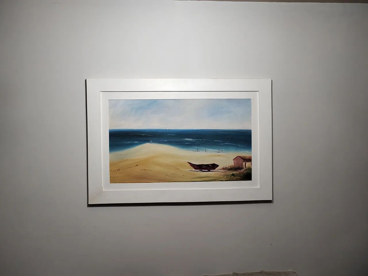 Quadro Pintura Praia com Barco e Casa