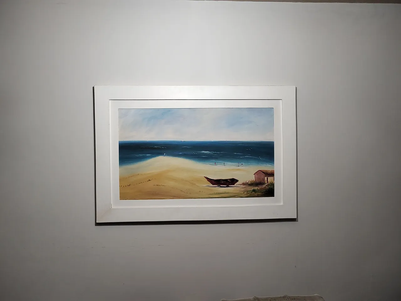 Quadro Pintura Praia com Barco e Casa