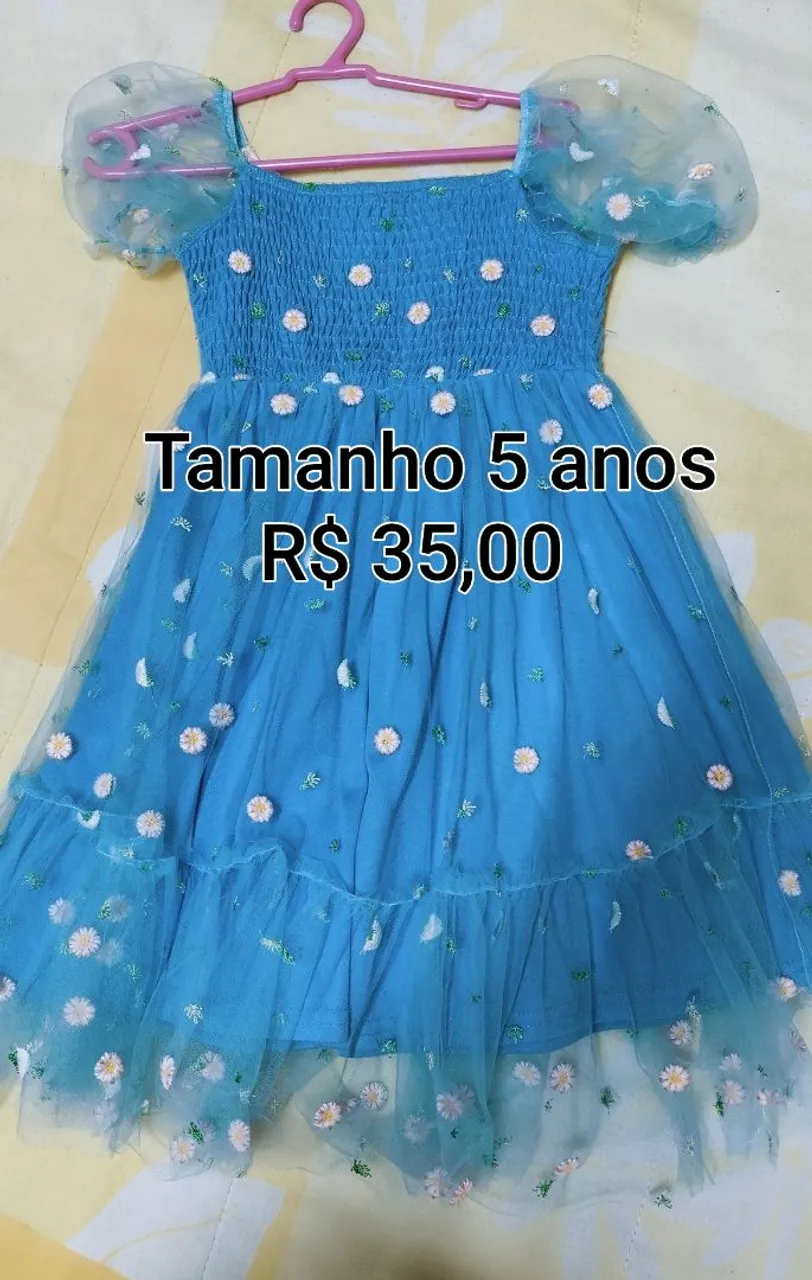 Vestido Infantil Azul com Flores - Tamanho 5 anos