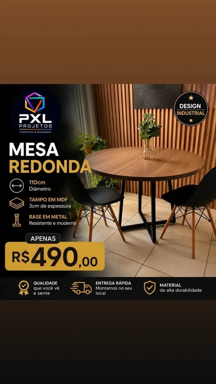 Mesa Redonda 110cm - Tampo MDF com Base em Metal