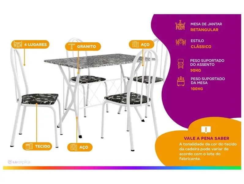 Mesa de Jantar 4 Cadeiras Retangular Branca Artefamol Ravena - Foto 4