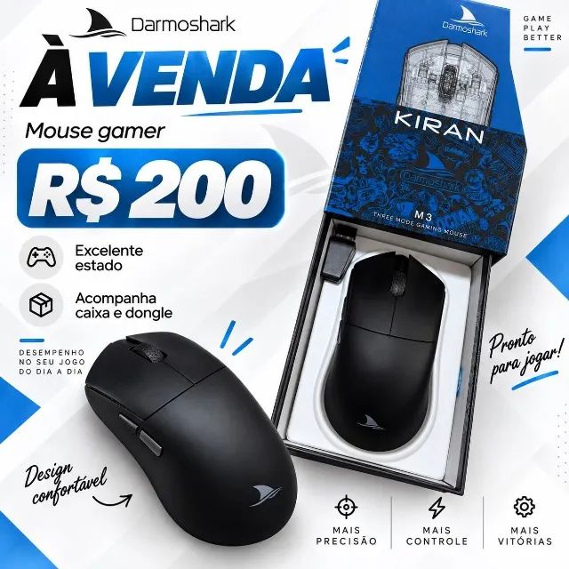 Darmoshark M3 Mouse Gamer Wireless Preto + Caixa e Dongle