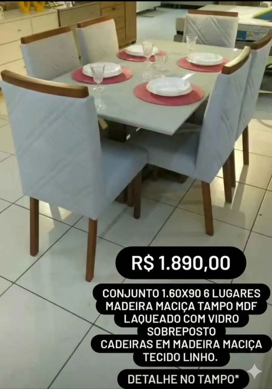 Mesa Retangular + 6 cadeiras linho