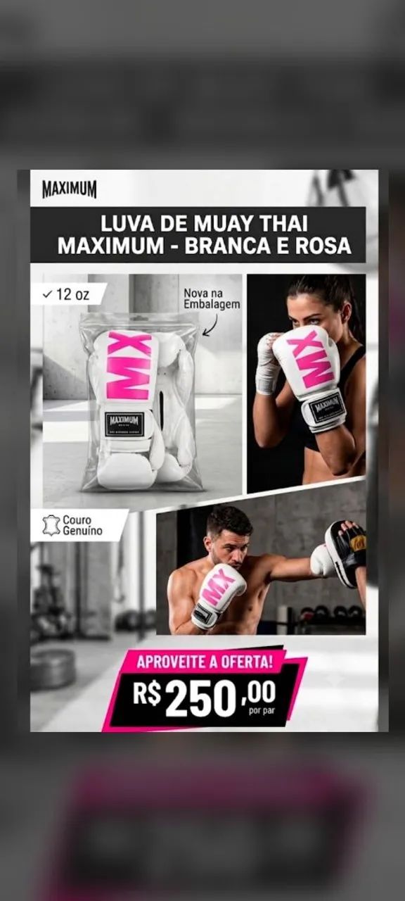 Luva de Muay Thai / Boxe MAXIMUM - Branca e Rosa (12 oz) 