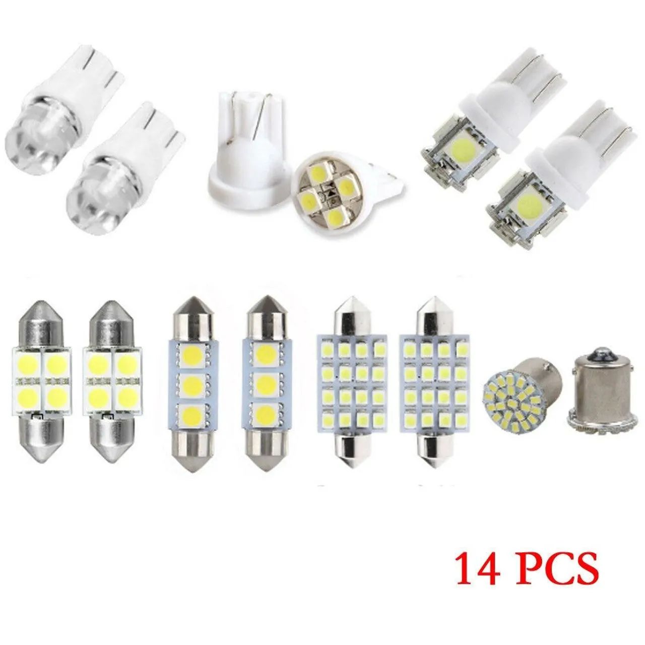 Kit 14 led luz branca variados para interna do veículo, placa, quebra sol, teto, teto