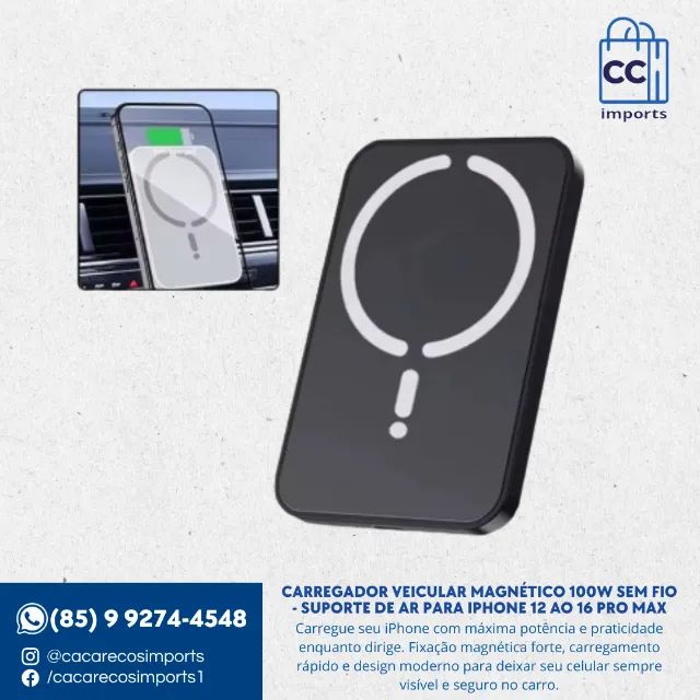 Carregador Veicular Magnético 100W Sem Fio - Suporte de Ar para iPhone 12 ao 16 Pro Max