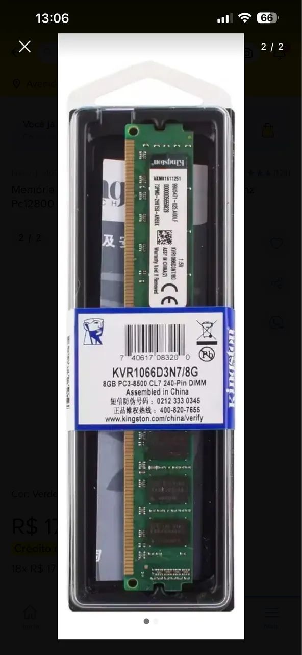 16 Gb (dois pentes de 8)Memória Ram Kingston Dim ddr3 1600mhz - Um dia de comprada