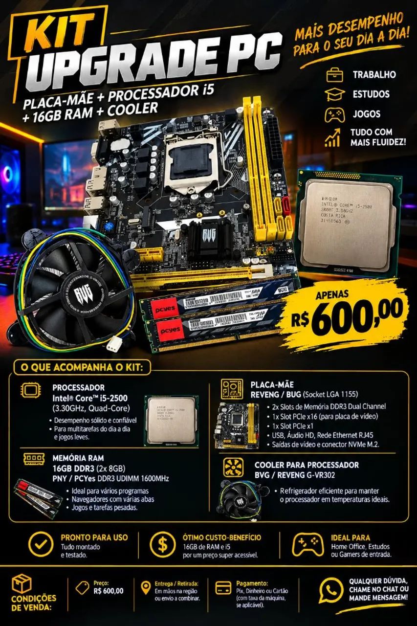 Kit Upgrade PC: Placa-Mãe + Processador i5 + 16GB RAM + Cooler