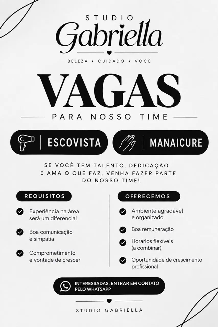 VAGAS PARA MANICURE E ESCOVISTA