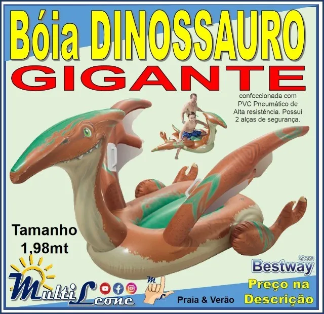 Bóia inflável Gigante, Dinossauro, 1,98mts, 2 alças de segurança, Bestway