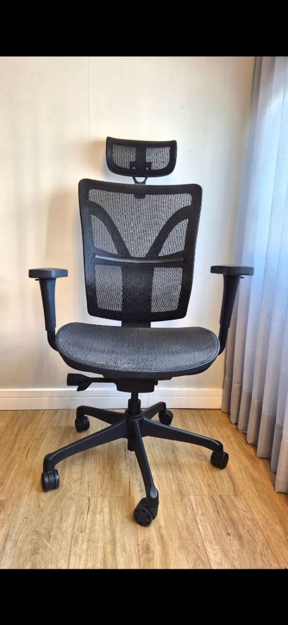 Cadeira escritório ergonômica braço 4D, assento regulagem de profundidade e apoio lombar