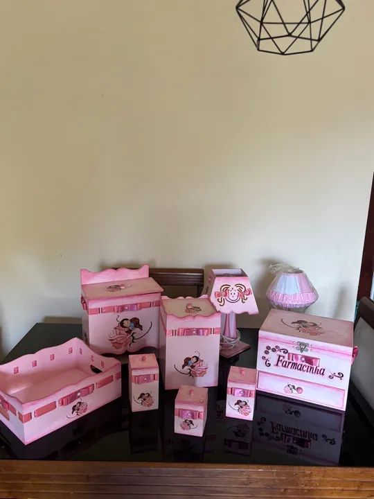 Kit artesanato decoração - potes e bandeja cor rosa