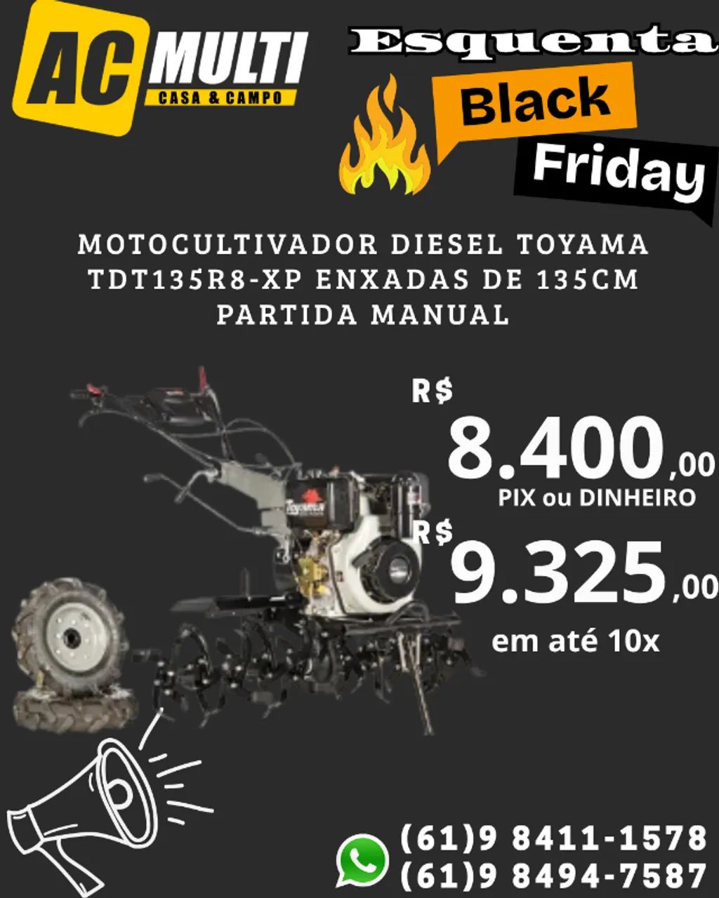 MOTOCULTIVADOR DIESEL TOYAMA TDT135R8-XP ENXADAS DE 135CM PARTIDA