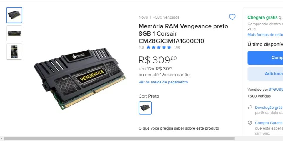 Memória 8GB Corsair Vengeance DDR3 1600Mhz CMZ8GX3M1A1600C10    R$ - 139,00 - Foto 2