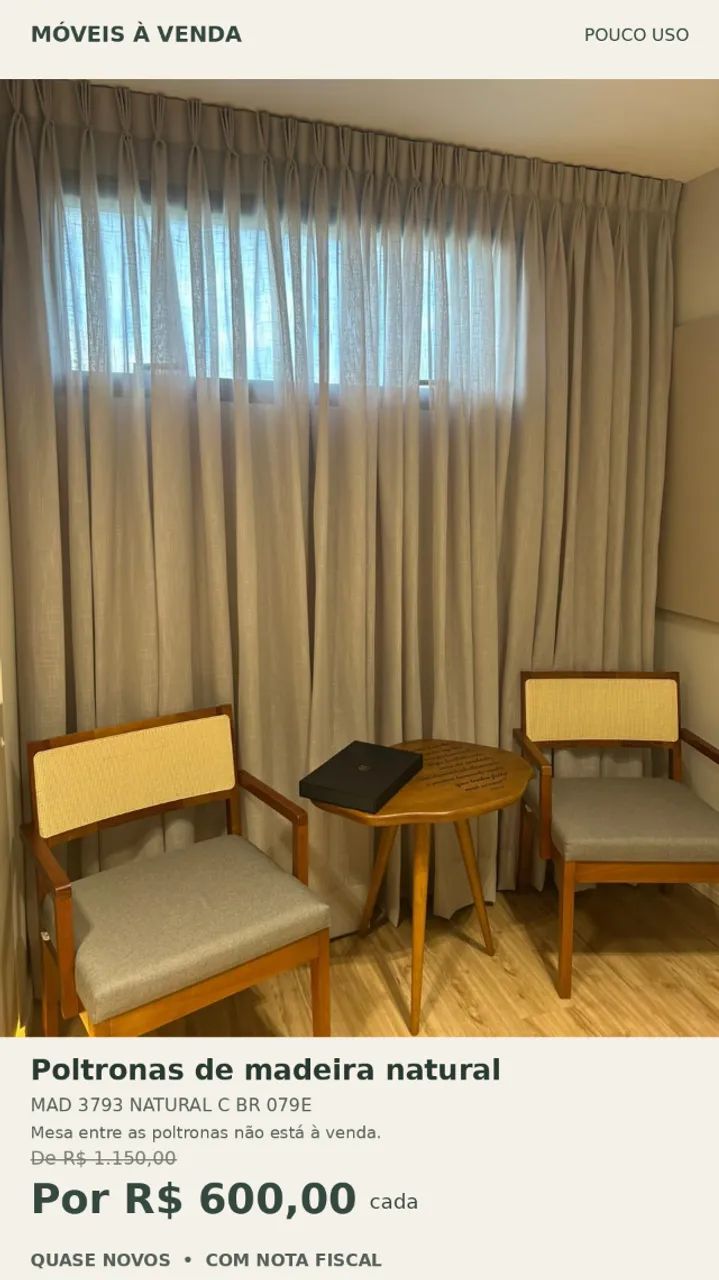 Poltrona de madeira natural e linho (R$ 600,00 cada)