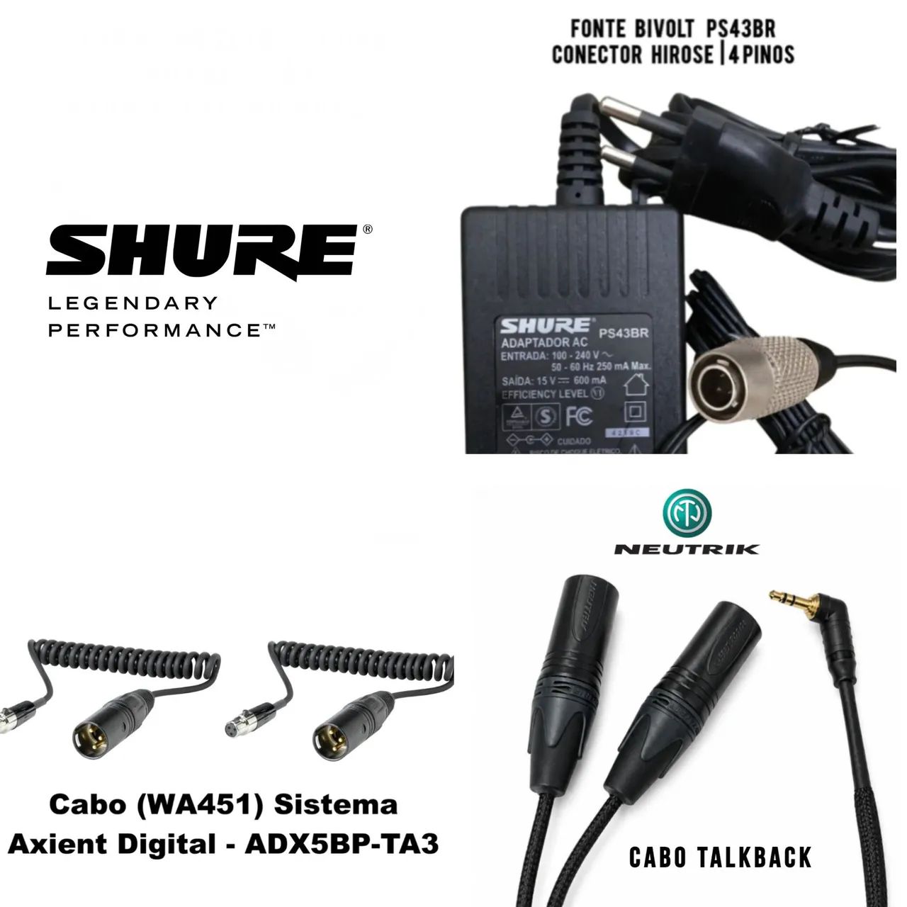 Kit 4 Itens Shure Para Microfone Sem Fio ADX5D Axient Digital  
