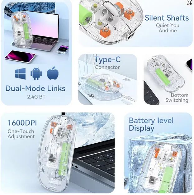 Mouse bluetooth 2.4g sem fio, transparente de modo duplo - Foto 5