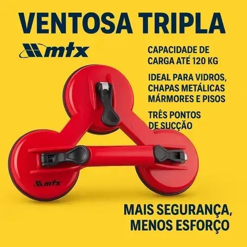 VENTOSA TRIPLA MTX 120KG PROFISSIONAL P/ VIDRO PORCELANATO ESPELHO 118MM - Foto 5