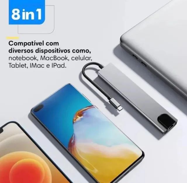 Hub Adaptador USB-C 8 em 1 para MacBook e Notebooks - HDMI 4K, USB 3.0, LAN e SD - Foto 4