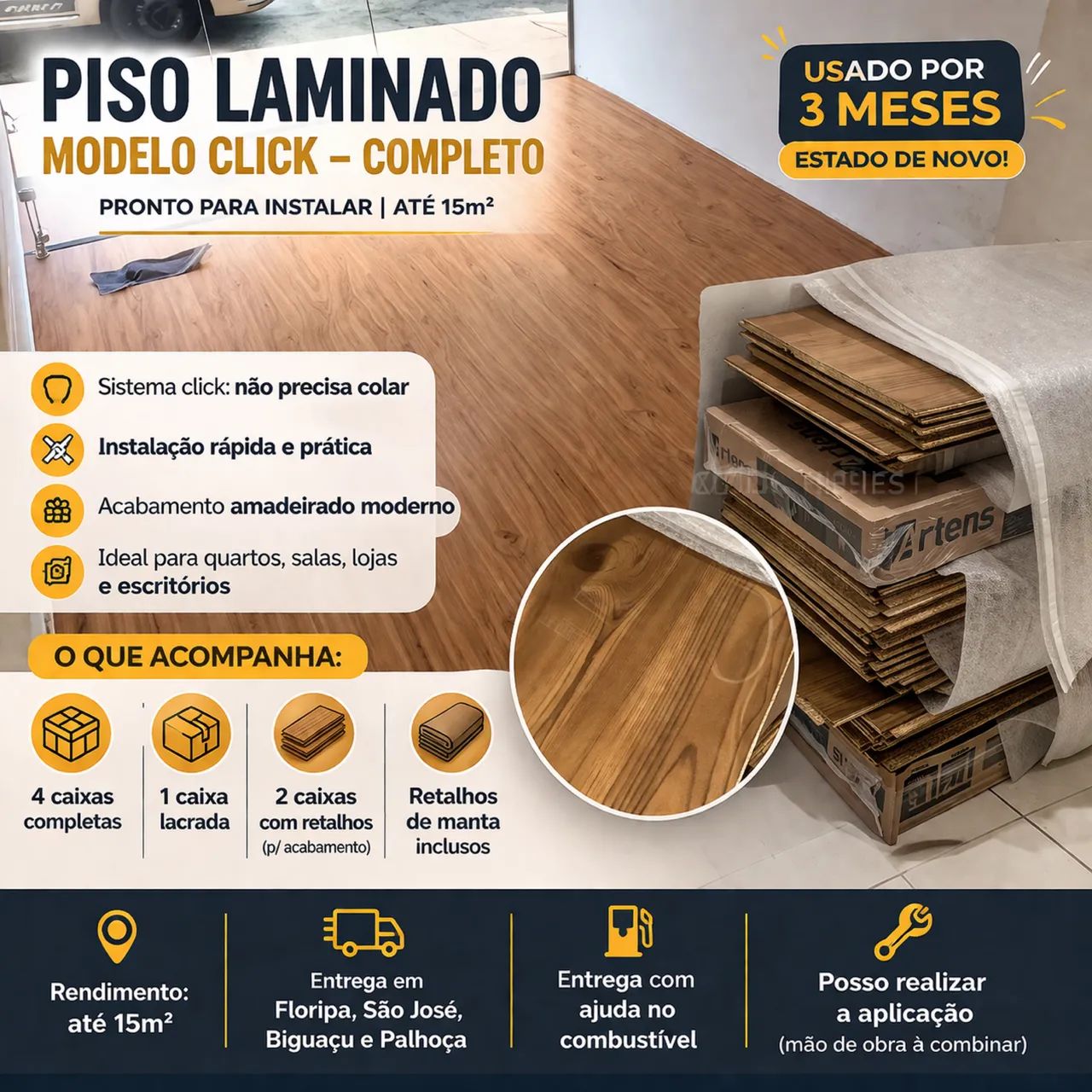 Piso Laminado Click 15M Quadrados 4 Caixas + Retalhos