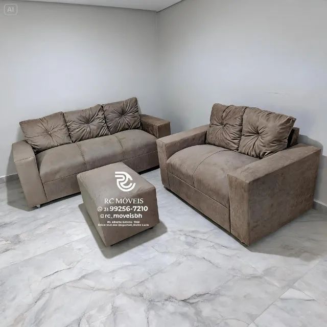 Conjunto Sofá 2 e 3 Lugares Puff Suede Caramelo D33 Aconchegante - Foto 4