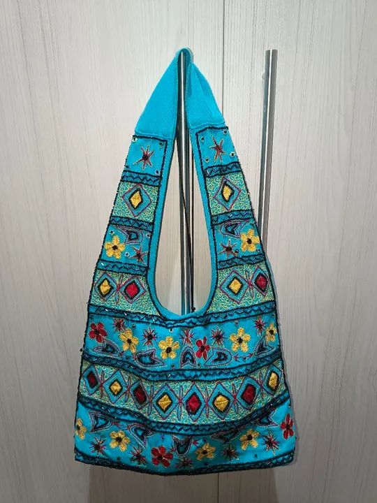 Bolsa hippie boho azul turquesa bordada - Foto 2