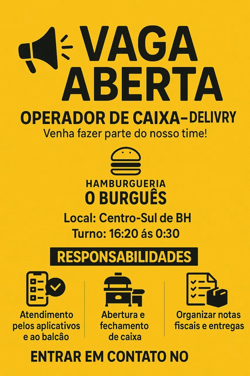 OPERADOR CAIXA DELIVERY ( NOITE)- HAMBURGUERIA