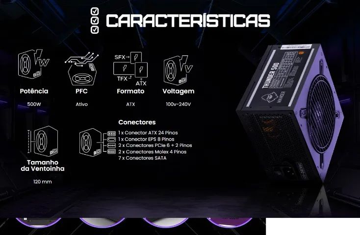 Fonte 500W Thunder - 80 Plus Bronze PFC Ativo - Foto 2